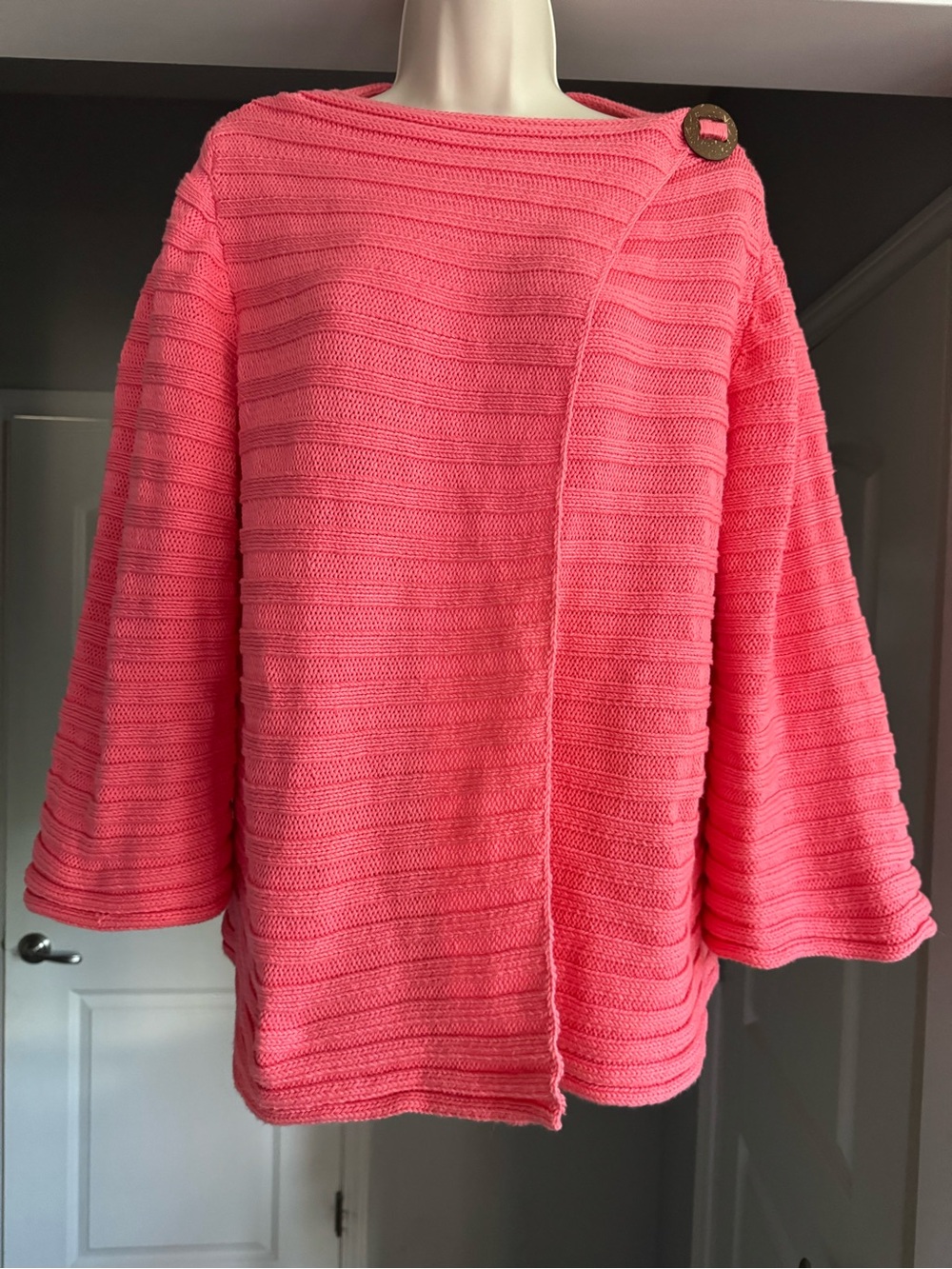 Pure Handknit 100% Cotton Coral Pink Asymmetrical Sweater Cape M Boho Capsule